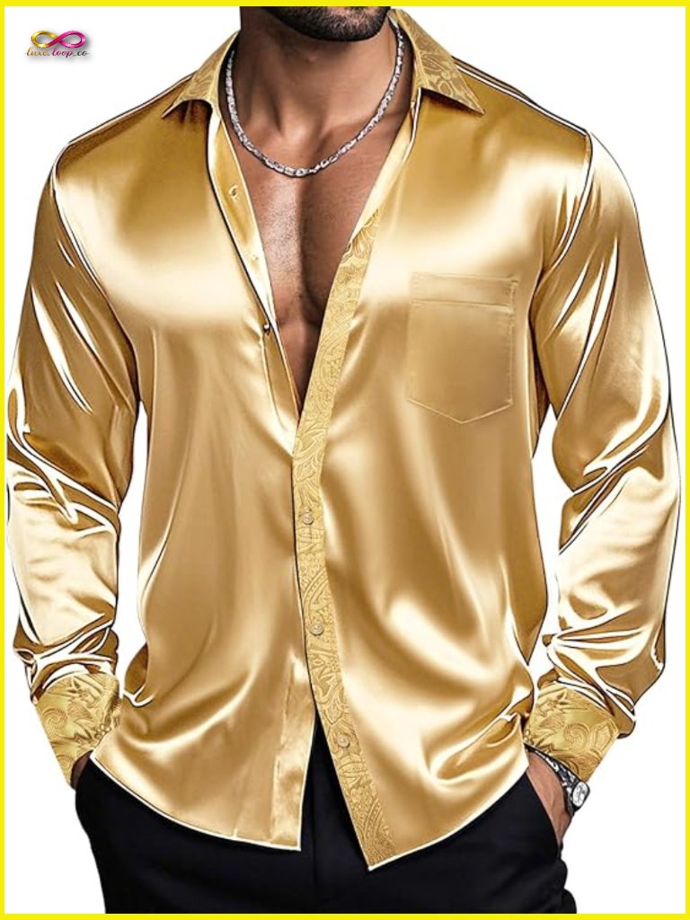 Satin Silk Shirt Long Sleeve Shiny Button Down Disco Party Formal Elegant